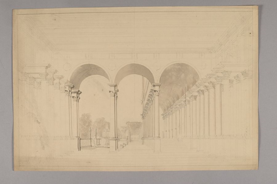 Artwork by Pierre-François-Léonard Fontaine, Bas-relief studies, capital decorations, view of the Villa Madama, a wall in Rome and a colonnaded terrace with statues and fountain, Made of Pen And Gray Ink, Gray And Brown Wash, Watercolor Over Black Stone Lines