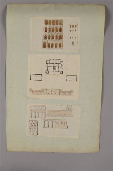 Elevation and plan projects: Study of the Vatican courtyard, an inn at Monterone on the road from Civitta Vecchia to Rome, and a building on the banks of the Tiber by Pierre-François-Léonard Fontaine