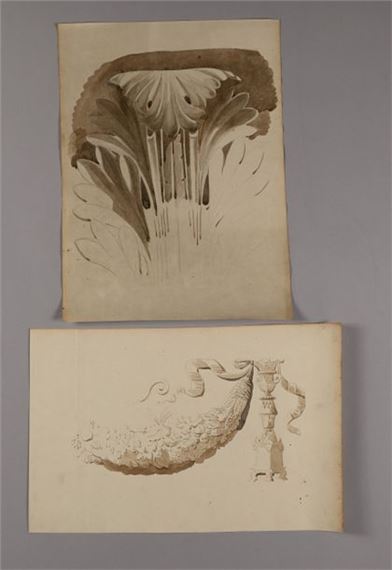 Two views of villas near Rome, a view of the Capitoline courtyard, a hearse, studies of antique capitals and reliefs by Pierre-François-Léonard Fontaine