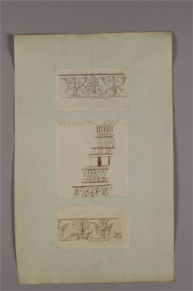 Architectural projects, friezes, statues, capitals including the decorations for the church of the Madona del Popolo, study of the decorations for the arches of Constantine and Titus, and the cornice of the Villa des Empereurs by Pierre-François-Léonard Fontaine