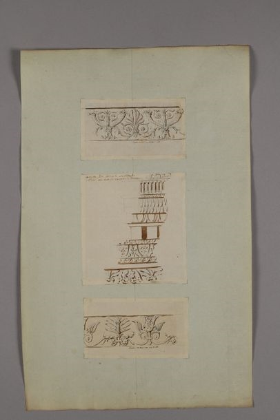 Artwork by Pierre-François-Léonard Fontaine, Architectural projects, friezes, statues, capitals including the decorations for the church of the Madona del Popolo, study of the decorations for the arches of Constantine and Titus, and the cornice of the Villa des Empereurs, Made of Pen And Gray And Brown Ink, Gray And Brown Wash Over Black Stone Lines