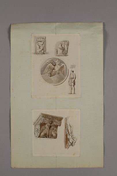 Artwork by Pierre-François-Léonard Fontaine, Architectural projects, friezes, statues, capitals including the decorations for the church of the Madona del Popolo, study of the decorations for the arches of Constantine and Titus, and the cornice of the Villa des Empereurs, Made of Pen And Gray And Brown Ink, Gray And Brown Wash Over Black Stone Lines