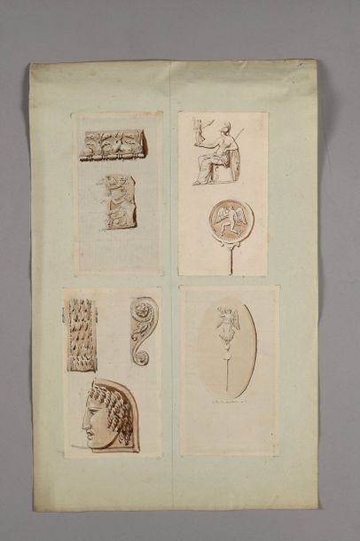 Artwork by Pierre-François-Léonard Fontaine, Architectural projects, friezes, statues, capitals including the decorations for the church of the Madona del Popolo, study of the decorations for the arches of Constantine and Titus, and the cornice of the Villa des Empereurs, Made of Pen And Gray And Brown Ink, Gray And Brown Wash Over Black Stone Lines