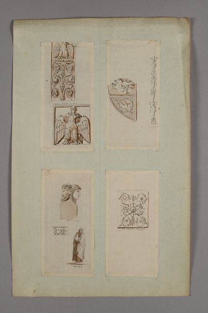 Artwork by Pierre-François-Léonard Fontaine, Architectural projects, friezes, statues, capitals including the decorations for the church of the Madona del Popolo, study of the decorations for the arches of Constantine and Titus, and the cornice of the Villa des Empereurs, Made of Pen And Gray And Brown Ink, Gray And Brown Wash Over Black Stone Lines