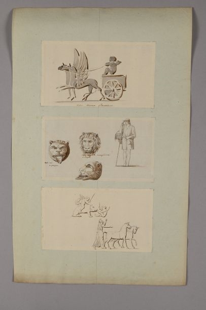 Artwork by Pierre-François-Léonard Fontaine, Études d'après l'antique: Char d'après le Museum Florentinum, Tête de lion d'après nature à la ménagerie du Roy à Naples, Putti, Cochon, Femme casquée et chevaux, Made of Pen And Brown Ink, Gray And Brown Wash Over Black Stone Lines
