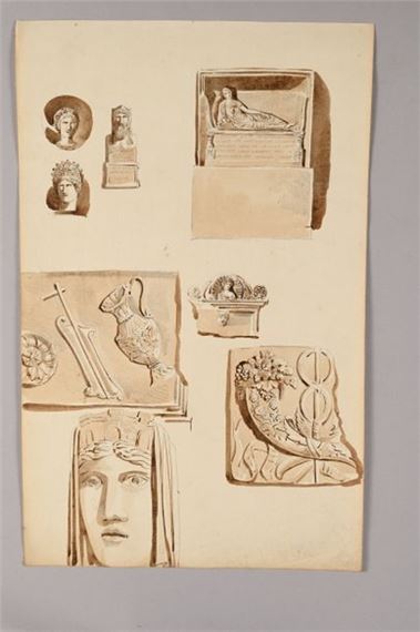 Studies based on Etruscan or Roman antiquity: cornucopia, statue, tomb