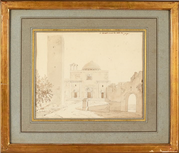 Artwork by Pierre-François-Léonard Fontaine, View of Cornetto Church, Made of Pen And Brown Ink, Brown Wash Over Black Stone Lines