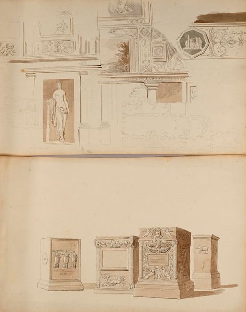Artwork by Pierre-François-Léonard Fontaine, Études d'après l'antique: columns, armor, architectural decorations, statues in a garden, pedestals, bas-reliefs, a bust of an emperor surmounted by an eagle, an inscription and two griffins... Ten drawings, pen and gray and brown ink, gray and brown wash over black stone lines, Made of Pen And Gray And Brown Ink, Gray And Brown Wash Over Black Stone Lines
