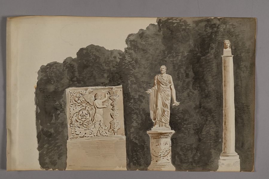 Artwork by Pierre-François-Léonard Fontaine, Études d'après l'antique: columns, armor, architectural decorations, statues in a garden, pedestals, bas-reliefs, a bust of an emperor surmounted by an eagle, an inscription and two griffins... Ten drawings, pen and gray and brown ink, gray and brown wash over black stone lines, Made of Pen And Gray And Brown Ink, Gray And Brown Wash Over Black Stone Lines
