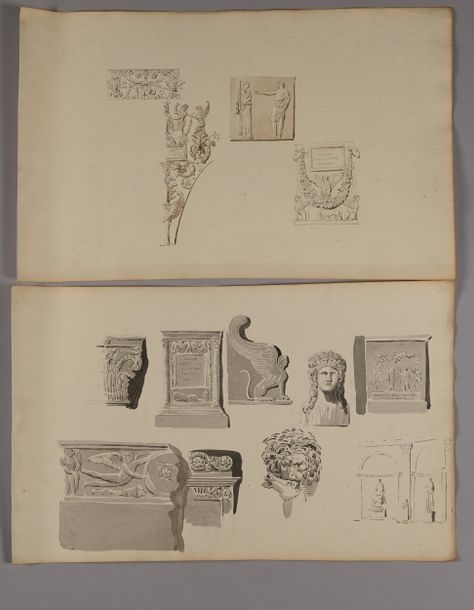 Artwork by Pierre-François-Léonard Fontaine, Études d'après l'antique: columns, armor, architectural decorations, statues in a garden, pedestals, bas-reliefs, a bust of an emperor surmounted by an eagle, an inscription and two griffins... Ten drawings, pen and gray and brown ink, gray and brown wash over black stone lines, Made of Pen And Gray And Brown Ink, Gray And Brown Wash Over Black Stone Lines