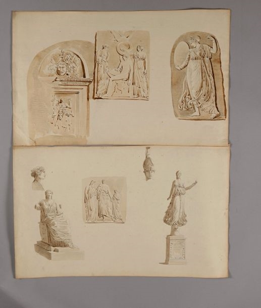 Artwork by Pierre-François-Léonard Fontaine, Études d'après l'antique: columns, armor, architectural decorations, statues in a garden, pedestals, bas-reliefs, a bust of an emperor surmounted by an eagle, an inscription and two griffins... Ten drawings, pen and gray and brown ink, gray and brown wash over black stone lines, Made of Pen And Gray And Brown Ink, Gray And Brown Wash Over Black Stone Lines