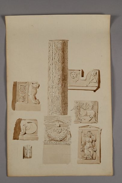 Artwork by Pierre-François-Léonard Fontaine, Études d'après l'antique: columns, armor, architectural decorations, statues in a garden, pedestals, bas-reliefs, a bust of an emperor surmounted by an eagle, an inscription and two griffins... Ten drawings, pen and gray and brown ink, gray and brown wash over black stone lines, Made of Pen And Gray And Brown Ink, Gray And Brown Wash Over Black Stone Lines
