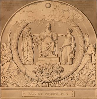 A plaque on the wall of a building depicting a statue of a woman holding a sword.