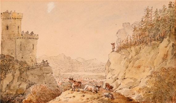 Walkers on the ramparts of an Auvergne castle