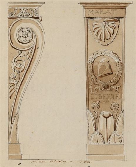 Decorative project for the Opéra: scrolled uprights and decor inscribed with "Marat" and "Liberté by Pierre-François-Léonard Fontaine