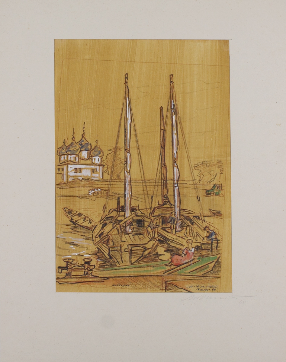 Artwork by Mikhail Vladimirovich Matorin, Novgorod. On Volkhov. Fishing scows, Made of Paper, mixed media