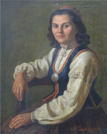 Women portrait in national costume by Aleksandrs Lagimovs, 1952