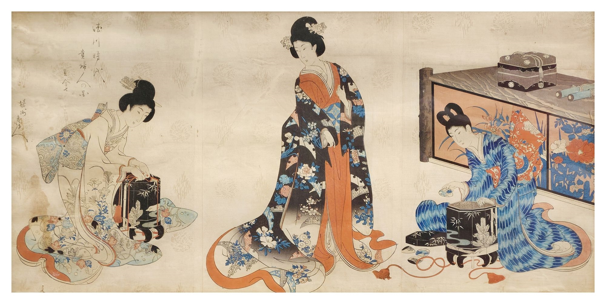 Artwork by Japanese School, Triptyque, scène de jeunes femmes, Made of Triptych on panel