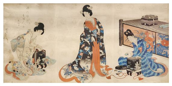 Triptyque, scène de jeunes femmes - Japanese School