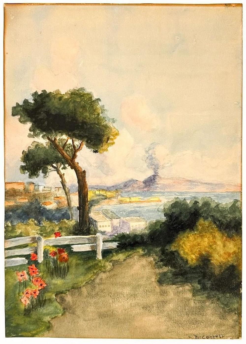 Artwork by E. Mcconnell, Watercolor Landscape with Volcano, Made of Watercolor On Paper