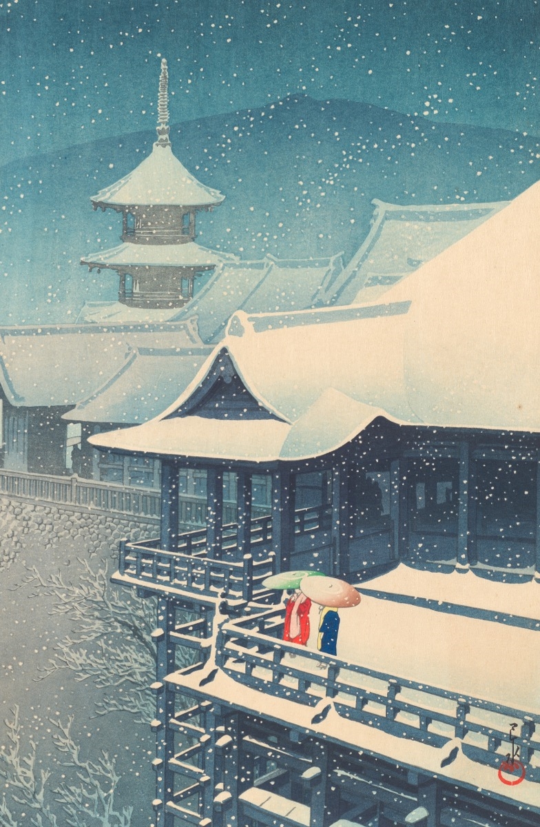 Artwork by Hasui Kawase, Spring Snow at Kiyomizu Temple, Kyoto (Haru no yuki [Kyoto Kiyomizu, Made of Color Woodblock