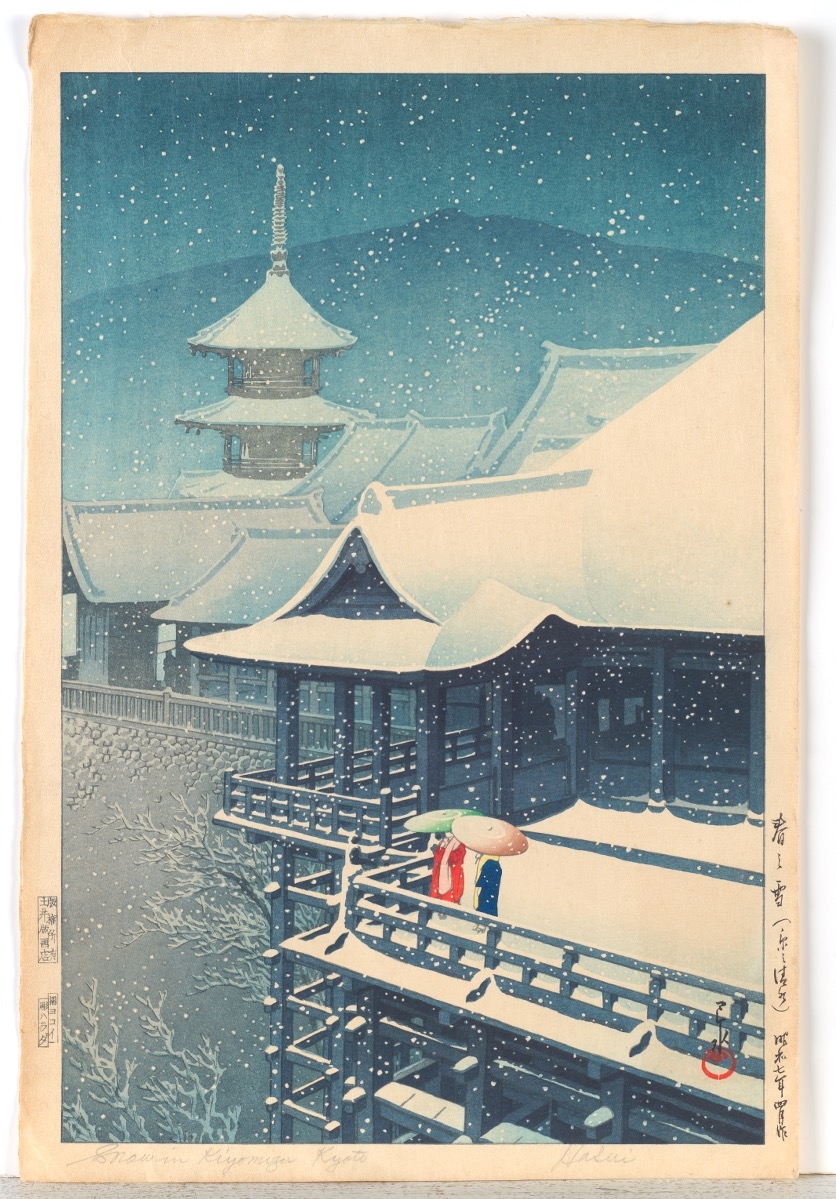 Artwork by Hasui Kawase, Spring Snow at Kiyomizu Temple, Kyoto (Haru no yuki [Kyoto Kiyomizu, Made of Color Woodblock