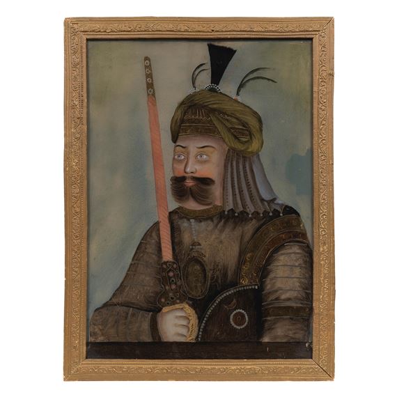 A reverse glass painting depicting an armoured Sikh nobleman, probably either Maharajah Sher Singh or Rajah Lal Singh, brandishing a sword - Indian School, 19th Century