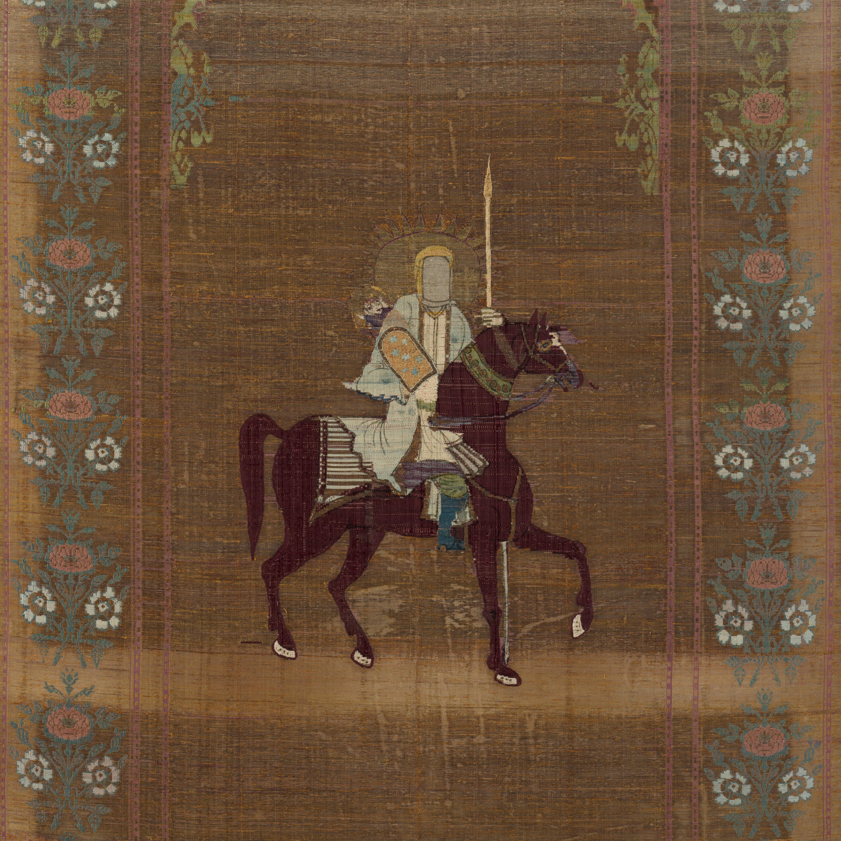Artwork by Persian School, 19th Century, An impressive Qajar for Ashura day celebrations, Made of Rectangular form, woven and embroidered in polychrome silk and metal thread with the Imam Husayn mounted on horseback carrying a shield and lance, the head and upper body of a child behind him, spandrels above, the border with a repeat design of floral sprays, above and below bands of inscription-filled cartouches, woven silk edging