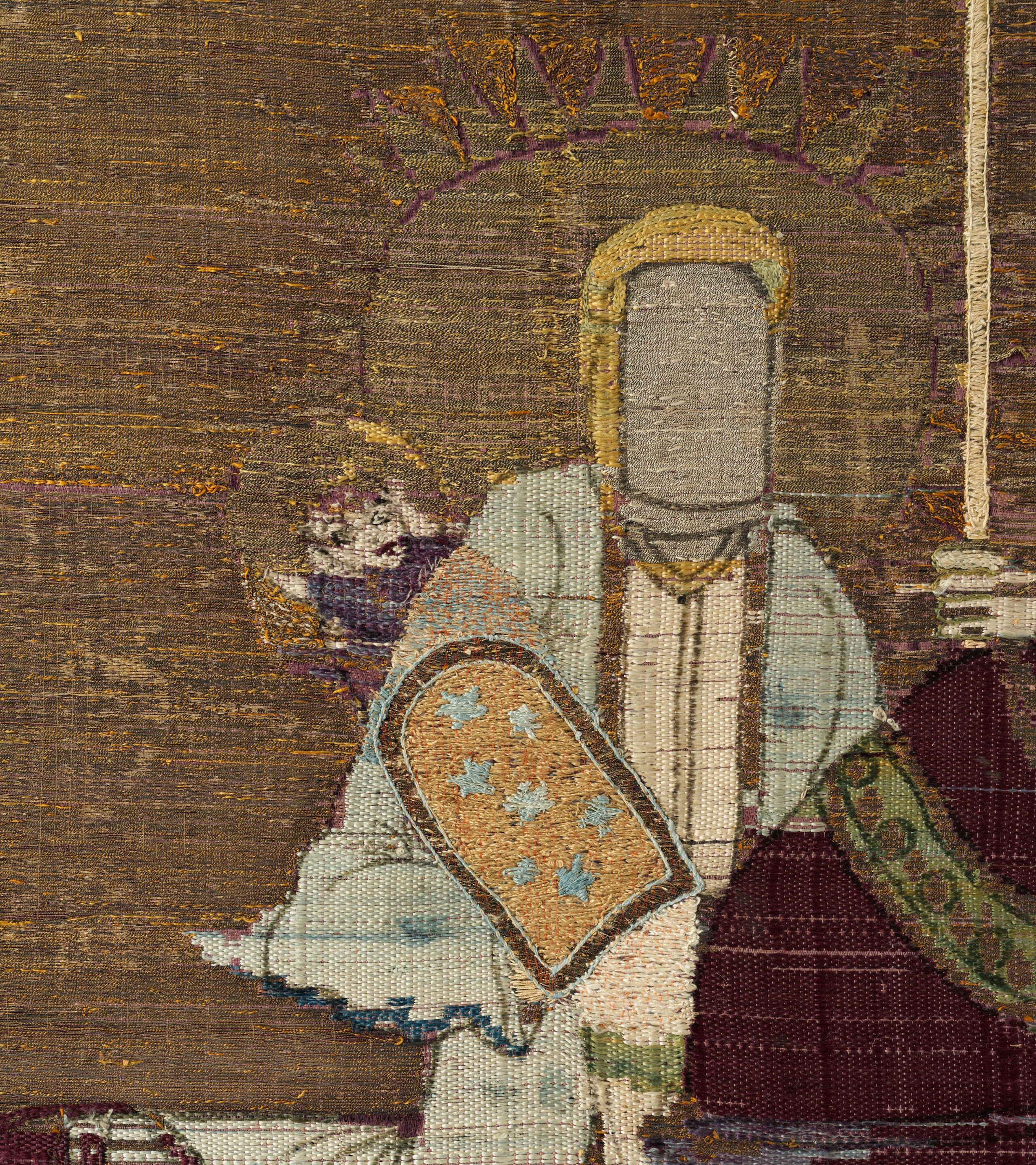 Artwork by Persian School, 19th Century, An impressive Qajar for Ashura day celebrations, Made of Rectangular form, woven and embroidered in polychrome silk and metal thread with the Imam Husayn mounted on horseback carrying a shield and lance, the head and upper body of a child behind him, spandrels above, the border with a repeat design of floral sprays, above and below bands of inscription-filled cartouches, woven silk edging