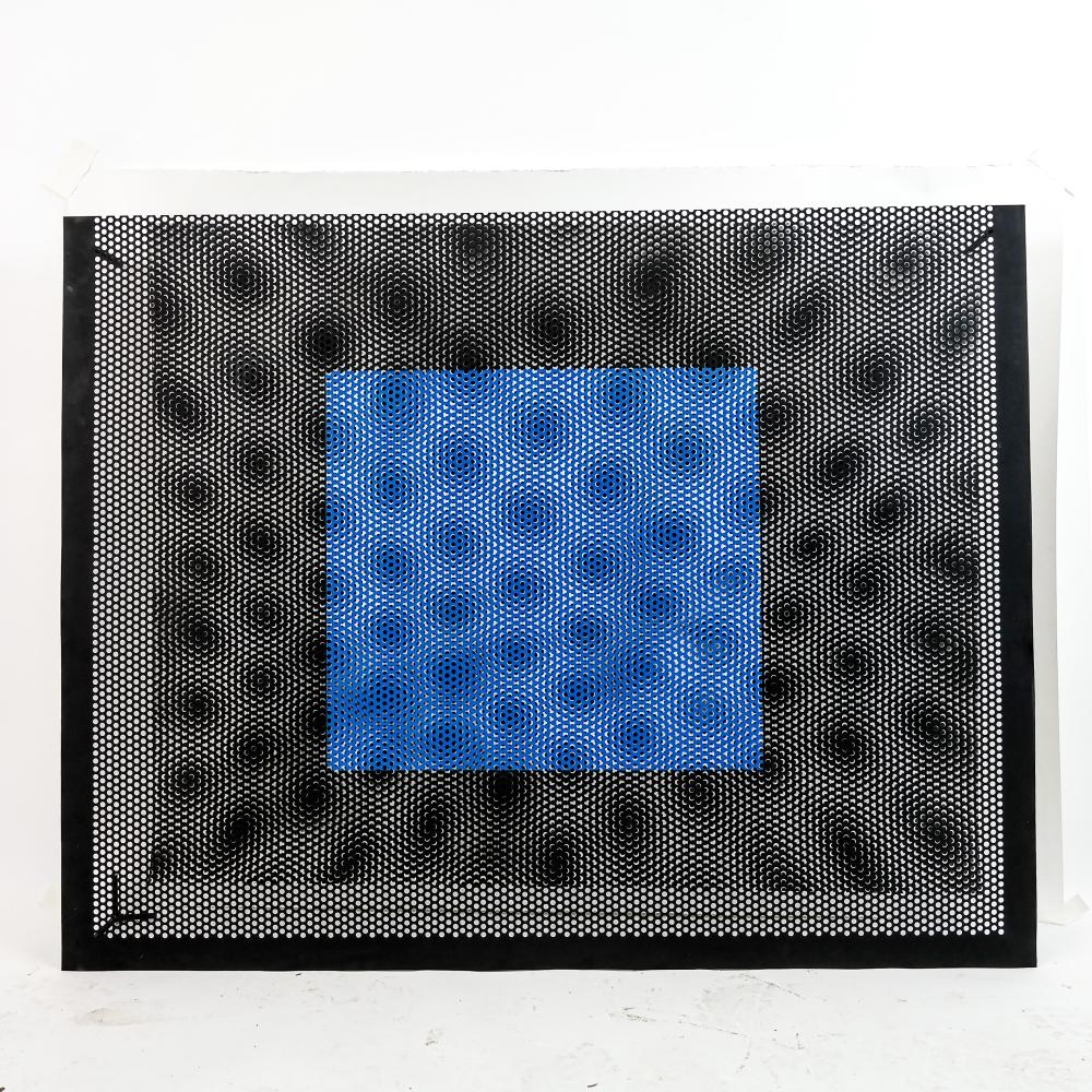 Artwork by Evan Holloway, Light Blue Over Black, Made of Mixed Media Print On Paper With Metal Grate