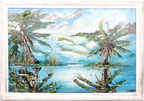 A serene tropical landscape featuring palm trees and a distant lighthouse reflected in calm water.
