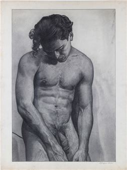 A monochromatic study of a muscular figure in deep contemplation.