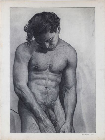 A monochromatic study of a muscular figure in deep contemplation.