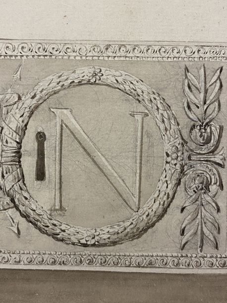 Artwork by Pierre-François-Léonard Fontaine, Two designs for locks and handles with Napoleon's cipher, Made of Pen And Black And Gray Ink, Gray And Brown Wash, Watercolor Over Black Stone Lines