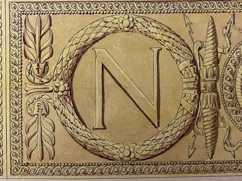 Artwork by Pierre-François-Léonard Fontaine, Two designs for locks and handles with Napoleon's cipher, Made of Pen And Black And Gray Ink, Gray And Brown Wash, Watercolor Over Black Stone Lines
