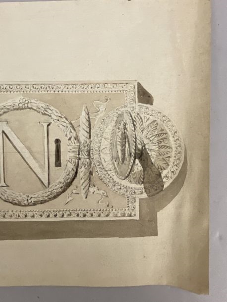 Artwork by Pierre-François-Léonard Fontaine, Two designs for locks and handles with Napoleon's cipher, Made of Pen And Black And Gray Ink, Gray And Brown Wash, Watercolor Over Black Stone Lines
