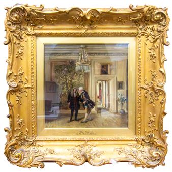 A painting of a man and woman in a room with a chandelier.