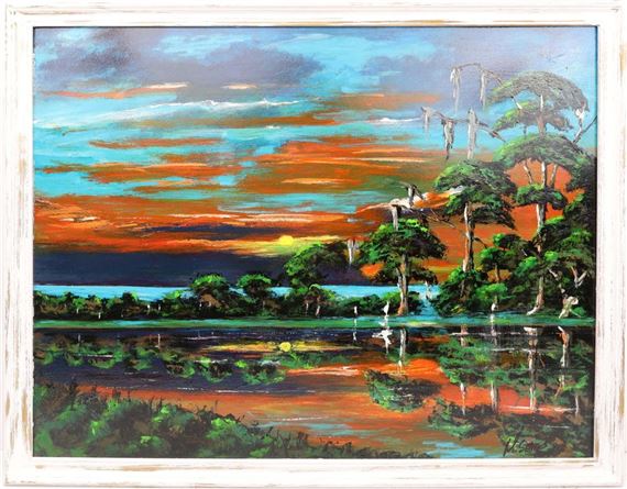 A vibrant landscape painting of a swamp at sunset with birds and reflections.