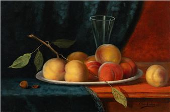 Stillleben mit Pfirsichen und einer Haselnuss - H. Kuch