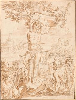 Das Martyrium des hl. Sebastian mit einer Phantasieansicht der Engelsburg im Hintergrund - Dutch School