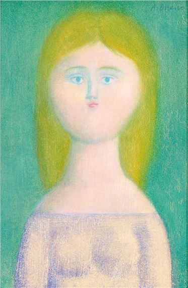 A painting of a woman with long blonde hair.
