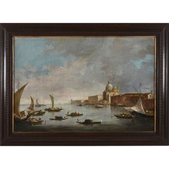 Gondolas and sailboats in front of the Salute in Venice - Italian School, 18th Century