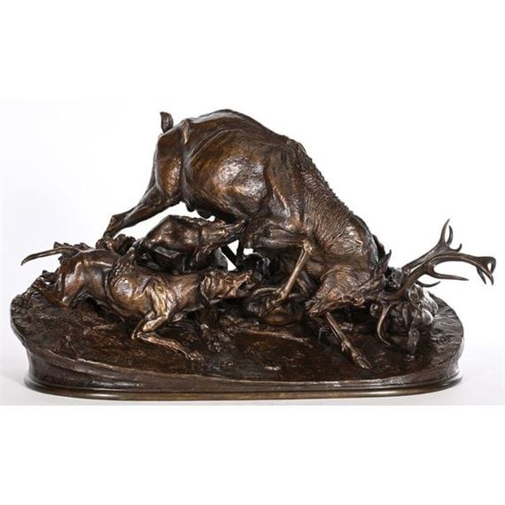 Stag hunt N°1, stag attacked by 4 dogs - Pierre-Jules Mene