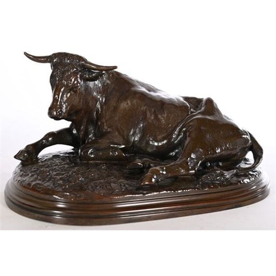 BONHEUR Rosa. "Reclining bull. Bronze with a beautiful brown patina, red with green highlights. Signed ROSA B. Beautiful old sand casting. W. - Rosa Bonheur