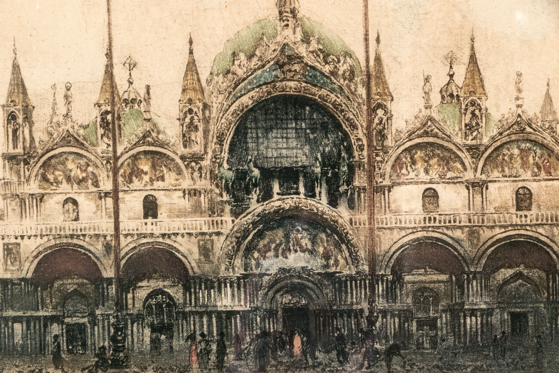 Artwork by J. Wolf, St. Mark's Basilica, Piazza San Marco Venice, Made of Hand Colored Etching