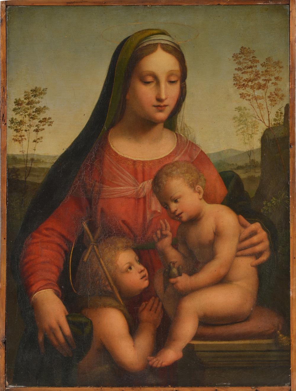 Artwork by Italian School, 17th Century, Madonna with Jesus holding a finch and St. John with the cross in landscape, Made of Oil On Wooden Panel