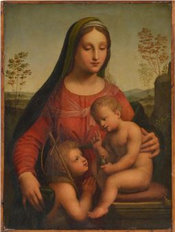 Madonna with Jesus holding a finch and St. John with the cross in landscape - Italian School, 17th Century