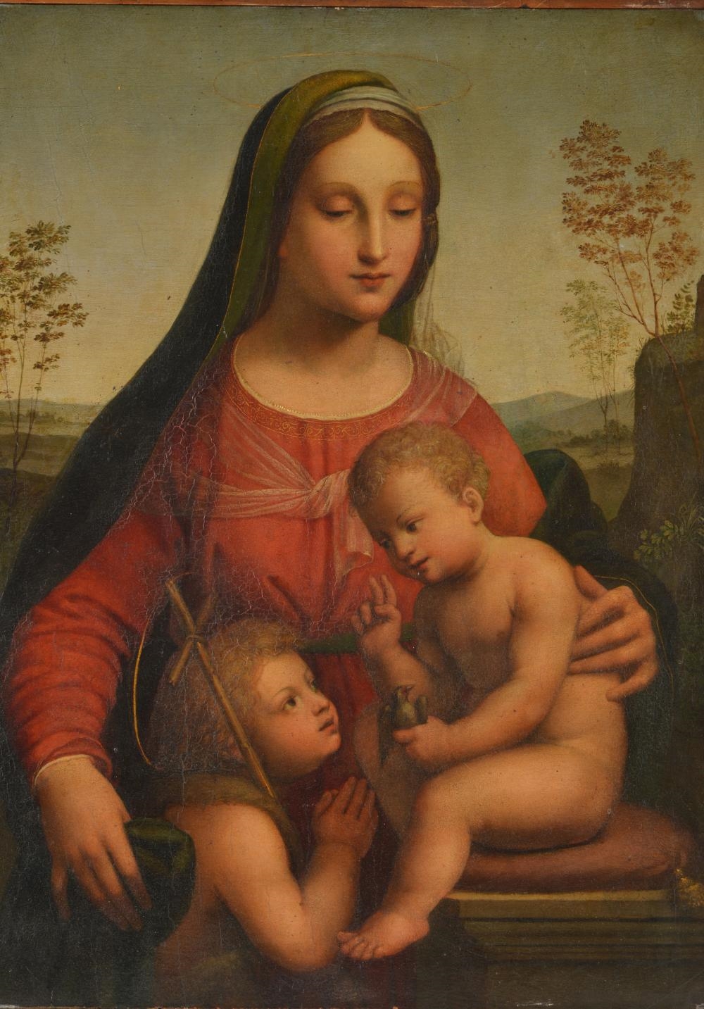 Artwork by Italian School, 17th Century, Madonna with Jesus holding a finch and St. John with the cross in landscape, Made of Oil On Wooden Panel