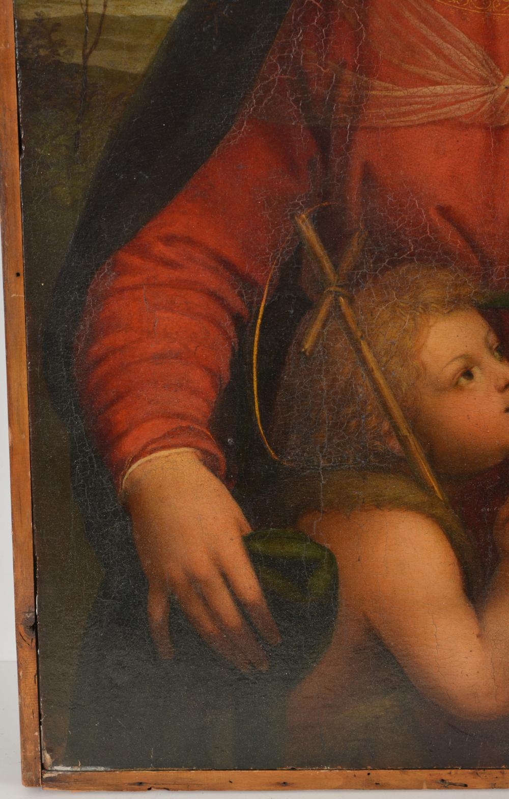 Artwork by Italian School, 17th Century, Madonna with Jesus holding a finch and St. John with the cross in landscape, Made of Oil On Wooden Panel