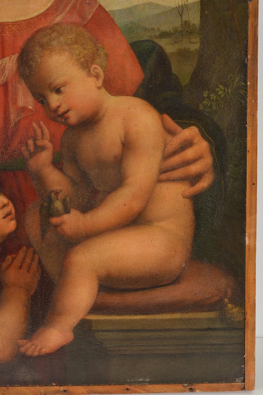 Artwork by Italian School, 17th Century, Madonna with Jesus holding a finch and St. John with the cross in landscape, Made of Oil On Wooden Panel